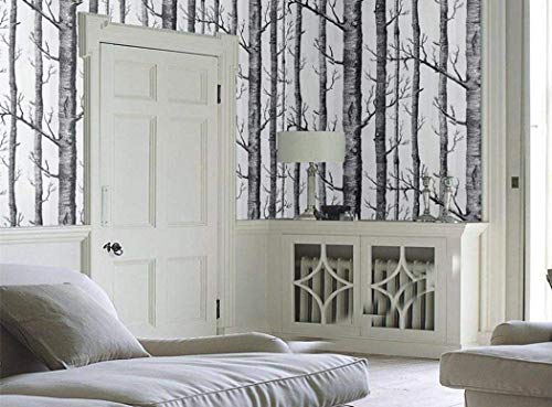 17.7" x 394" Birch Tree Wallpaper Peel and Stick Wallpaper for Bedroom (Black/White / 17.7" x 394")