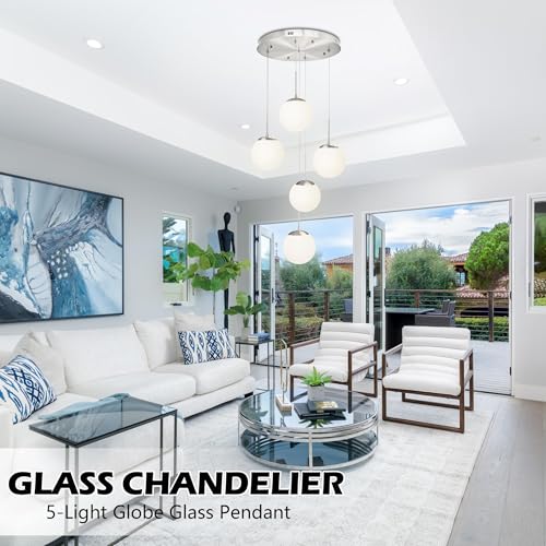 5 Light Nickel Glass Chandelier Globe Glass Cluster Pendant Lights Modern Adjustable Length Pendant with Milky White Globe Ceiling Light for Kitchen Island Dining Room (Nickel & Milky Glass / Globe, 5-Light, D13.7")
