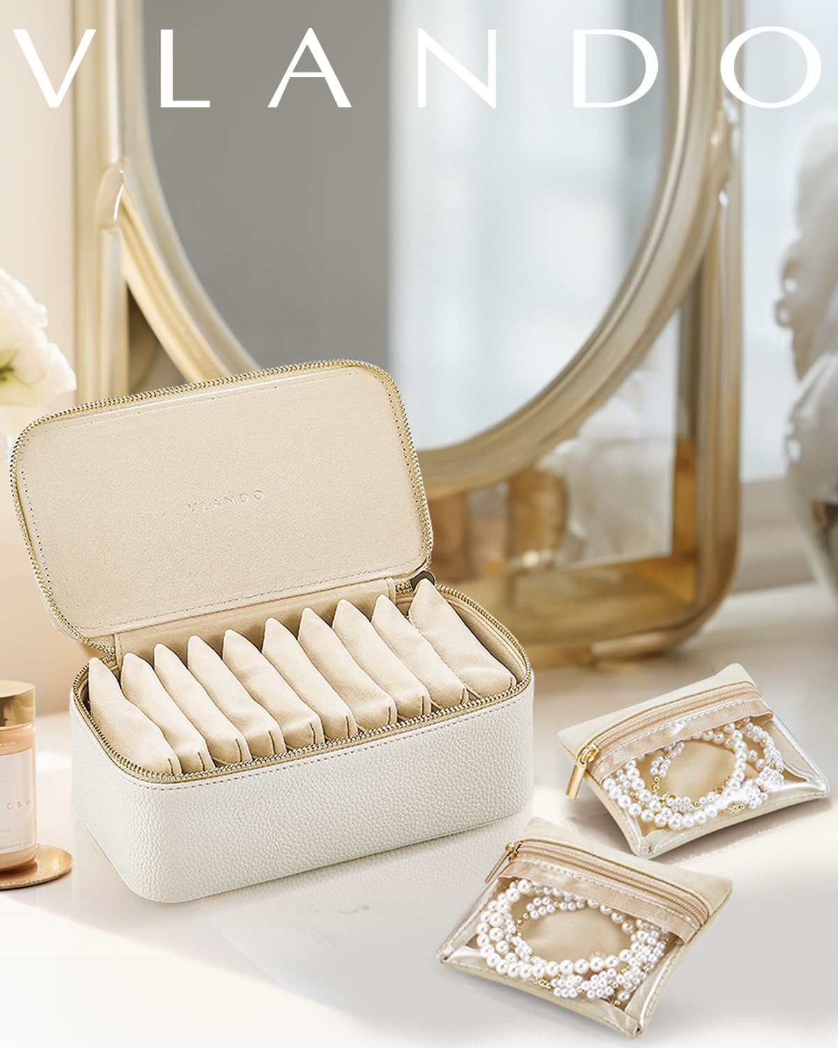 Jewelry Organizer Travel with 12 Clear Velvet Zipper Pouches (D.12 PCS White)