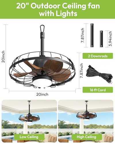 20" Outdoor Ceiling Fan with Light for Patio