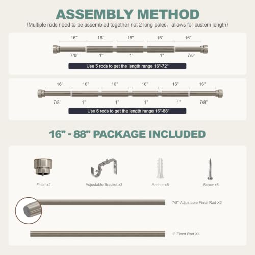 Modern Brushed Nickel Curtain Rods for Windows 48 to 84 with Adjustable Brackets Heavy Duty 1" Diameter Window Treatment Rod with Solid Metal Finials for Outdoor Bedroom Kitchen Living Room (Brushed Nickel / 16"-88"|1 Pack)
