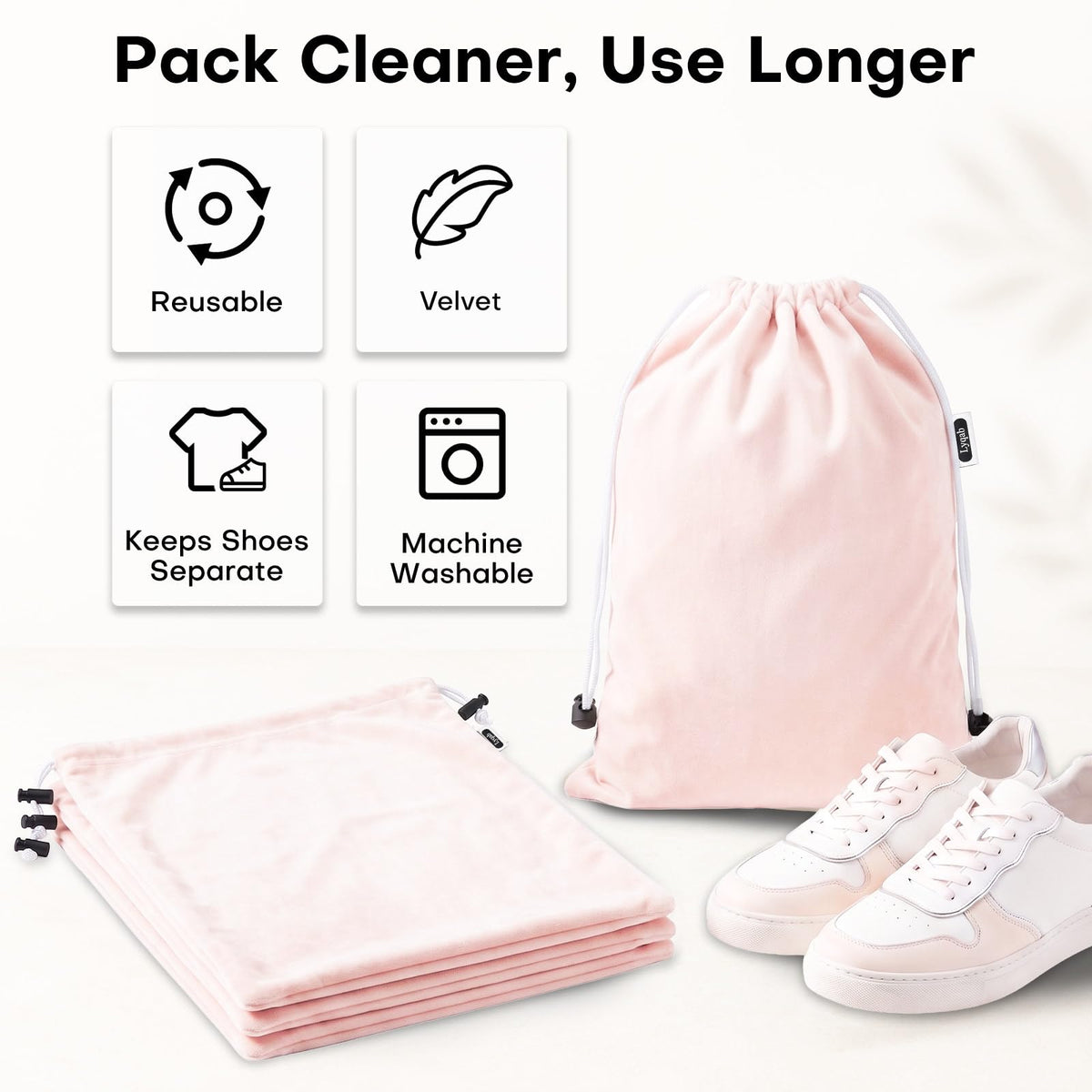 4 Pack Velvet Cloth Shoe Bags for Travel & Packing for Women & Men (Light Pink)