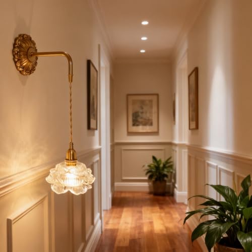 French Retro Floral Glass Wall Sconce with Pull Cord