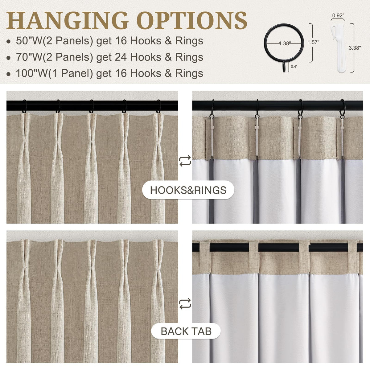 Pinch Pleated 100% Blackout Curtain 96 Inch for Living (Warmbeige / 50"W x 96"L (Pack of 2))