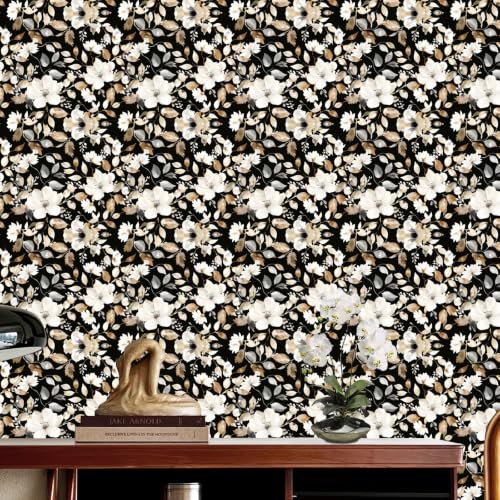 Vintage Dark Black Floral Peel and Stick Wallpaper Botanical Flower Waterproof Removable Self Adhesive Vinyl Contact Wall Paper for Bedroom Bathroom 17.5" X 196"