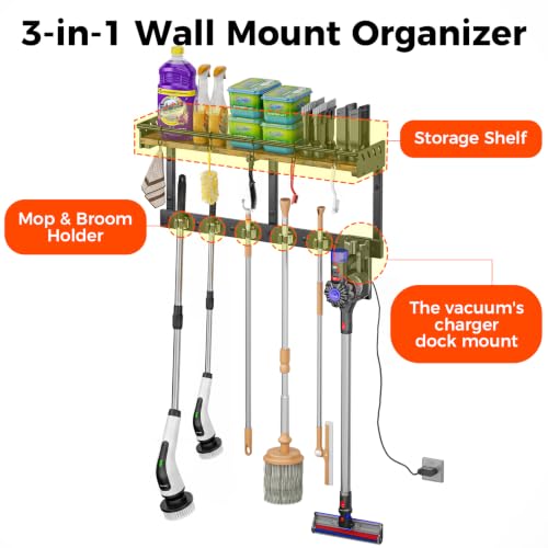 Heavy Duty Wall Mount Mop and Broom Organizer with Hooks