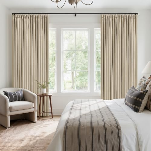 Beige Oatmeal Linen Blackout Pleated 86 Inch Curtains for Living Room Darkening Pinch Pleat 100% Black Out Drapes Thermal Insulated Soundproof Farmhouse 86 Length 50 Wide Curtain for Dining Bedroom (Oatmeal / 50"W x 86"L (Pack of 2))
