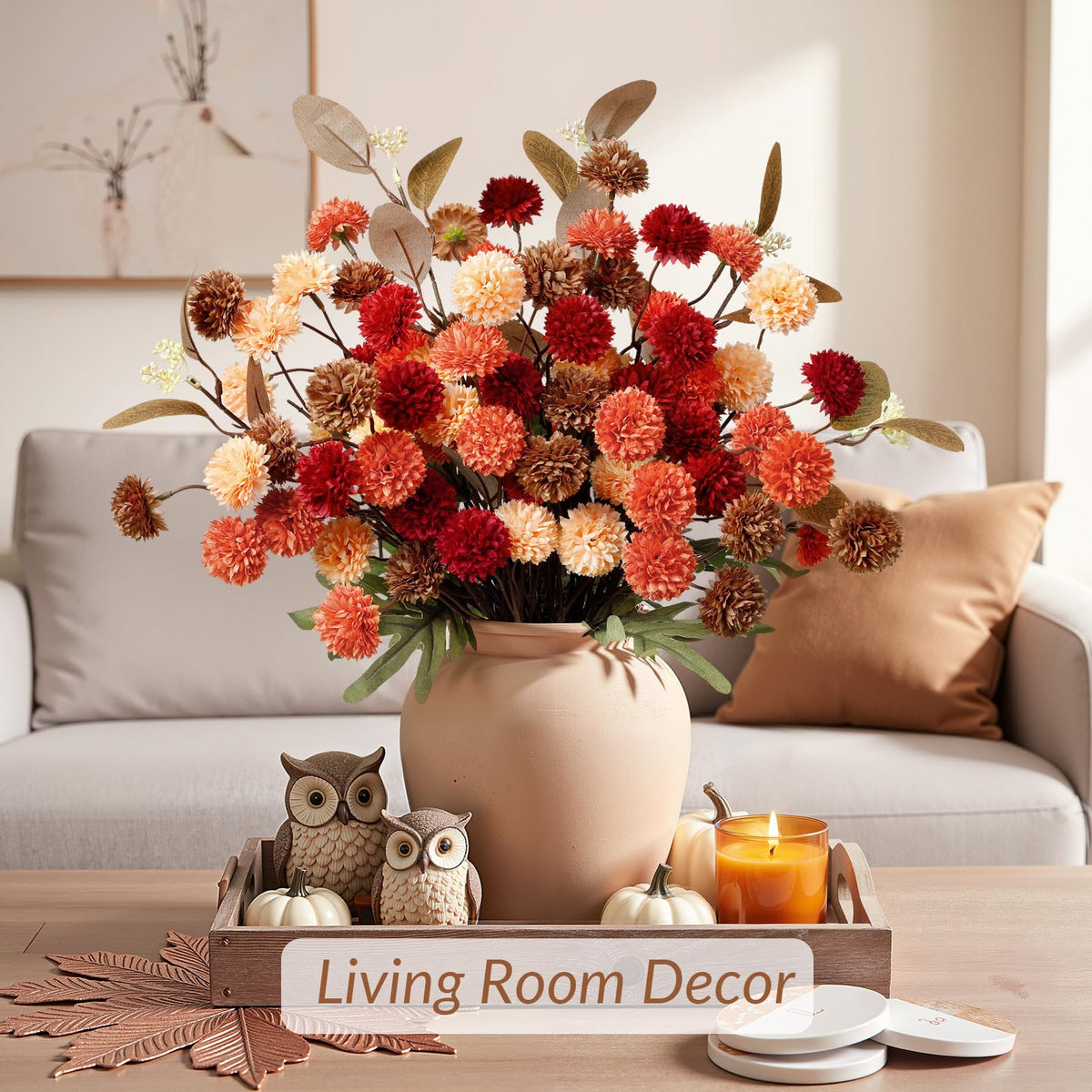 32 PCS Silk Mums Artificial Fall Flowers with Eucalyptus for Vase (Yellow Red Orange Brown)