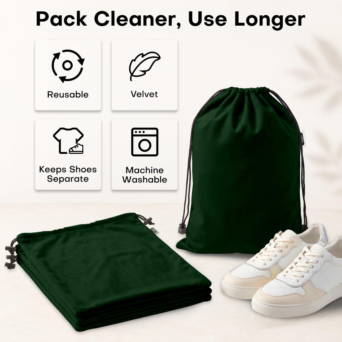 4 Pack Velvet Cloth Shoe Bags for Travel & Packing for Women & Men (Forest Green)