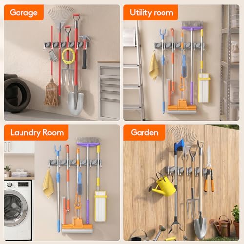 Mop and Broom Holder Organizer Wall Mount Non (Gray)