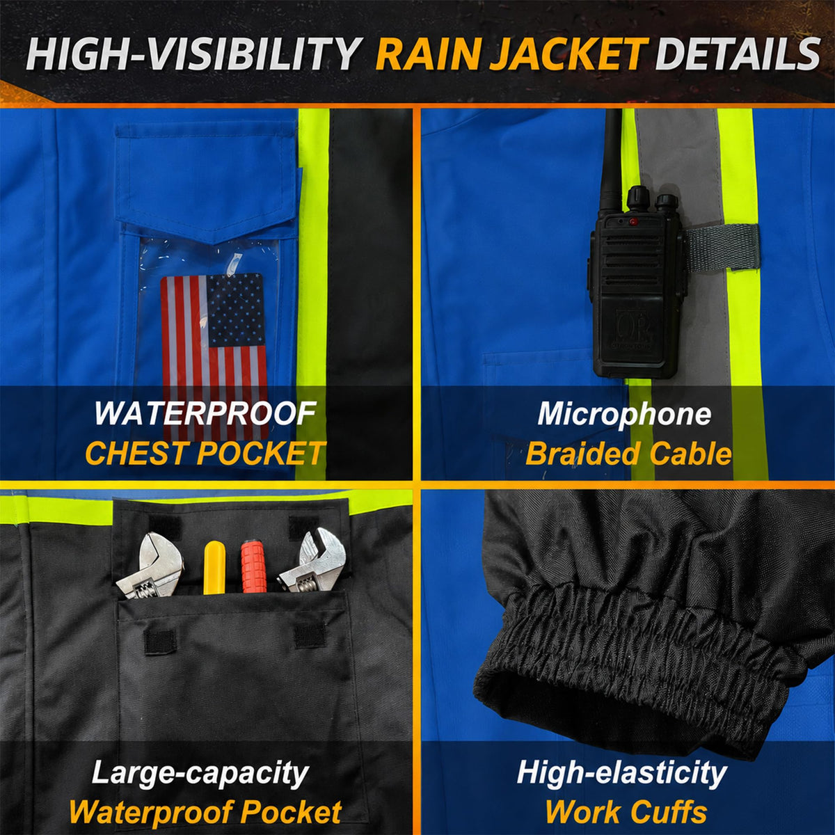 High Visibility Reflective Rain Jacket for Men (XX-Large-3X-Large / Blue)