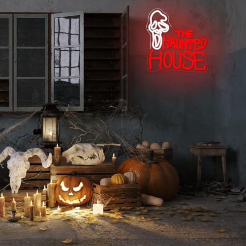 Haunted House Halloween Neon Sign for Wall Decor Halloween Neon Light Ghostface LED Sign Red Letter Neon Wall Sign Dimmable Goth LED Light for Party Game Room Bar Halloween Decor (Haunted House)