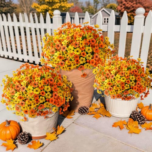 24 Pcs Artificial Mums for Outdoors Planters Fake Flowers Fall Decor (Orange Yellow / 24 PCS)