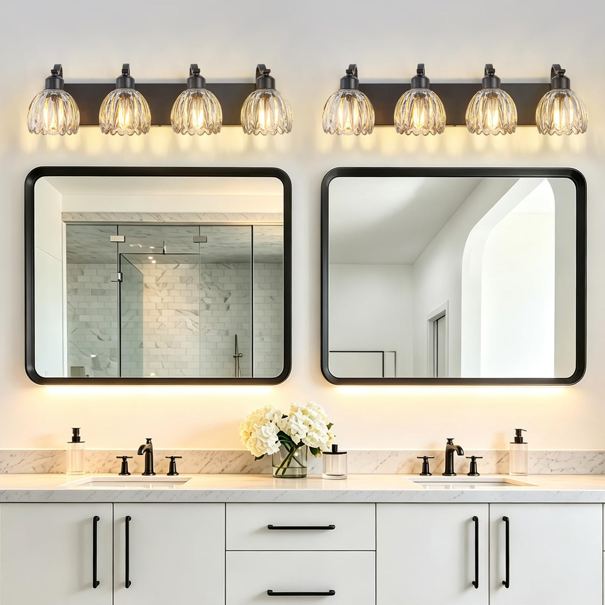 Black Vanity Lights for Bathroom with Clear Tulip Glass Shade (Black - Tulip Clear / 4-light)