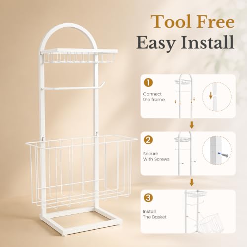 Toilet Paper Holder Stand Freestanding with Storage Basket for Bathroom (White)