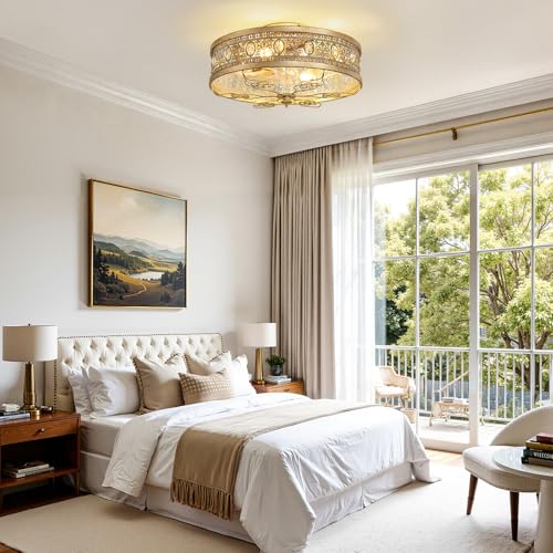 Caged Ceiling Fan with Lights 19" Gold Vintage Rustic Crystal Fandelier Farmhouse Ceiling Fan with Remote Low Profile Bladeless Chandelier Fan Light Fixture for Bedroom Kitchen Living Room (Gold / Flush Mount)