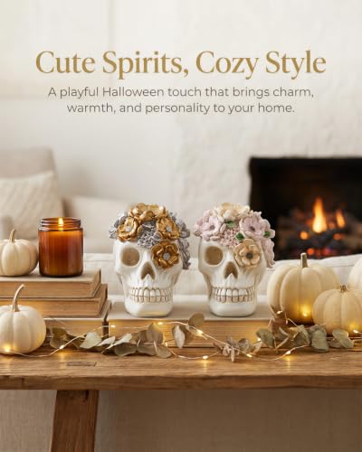 2 Gothic Halloween Decor Resin Pastel Flower Skull Figurines (Floral Skull)