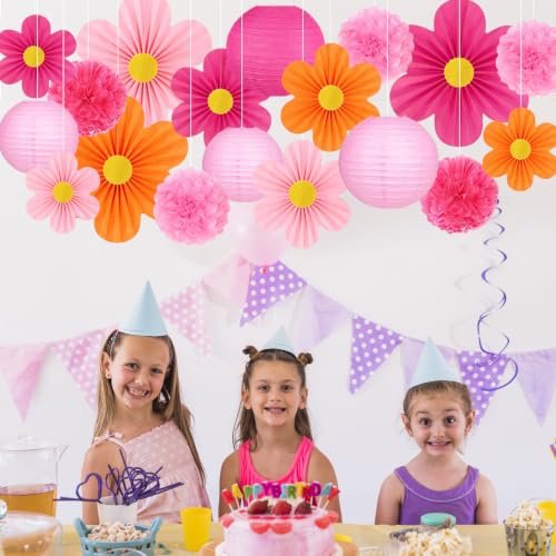 Pink and Orange Party Decorations 19 Pcs Set Including Hanging Paper Lanterns (Pink and Orange)