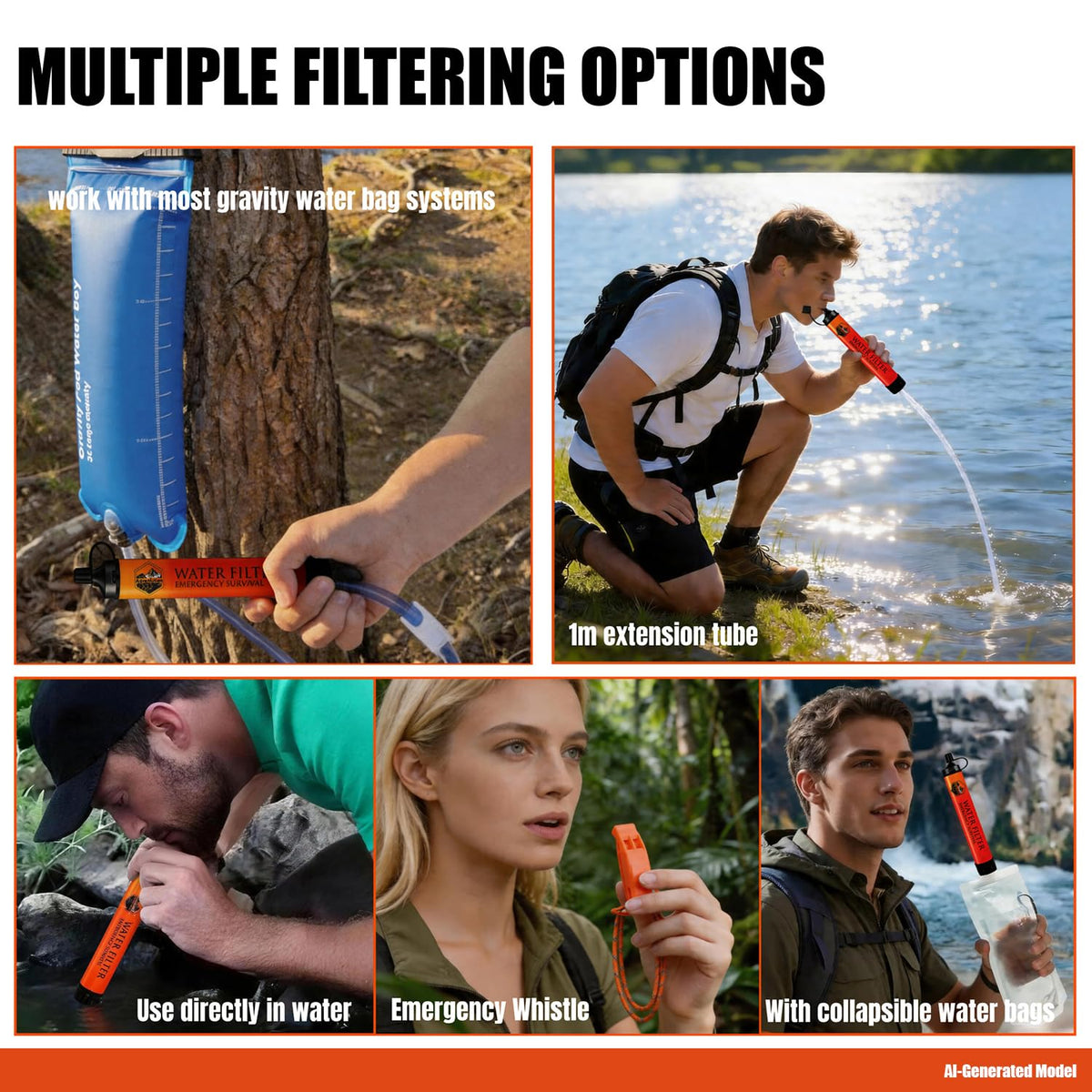 5 Pack Personal Water Filter Straw with Emergency Whistle (5-Pack(Orange) / 5-Pack)