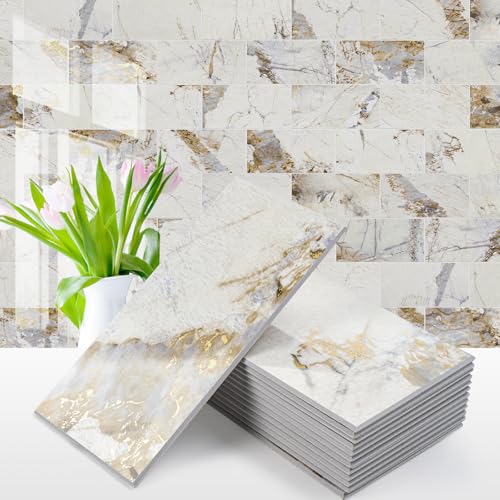 4 Piece Glossy Pandora Marble Peel and Stick Backsplash Tile (Pandora Marble with Gold Veining)