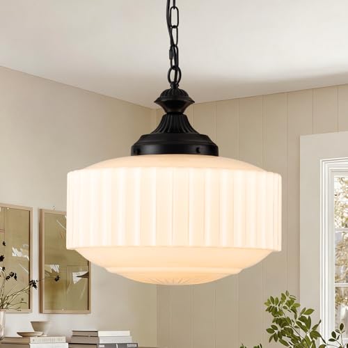 Vintage Brass Milk Glass Pendant Light Fixture
