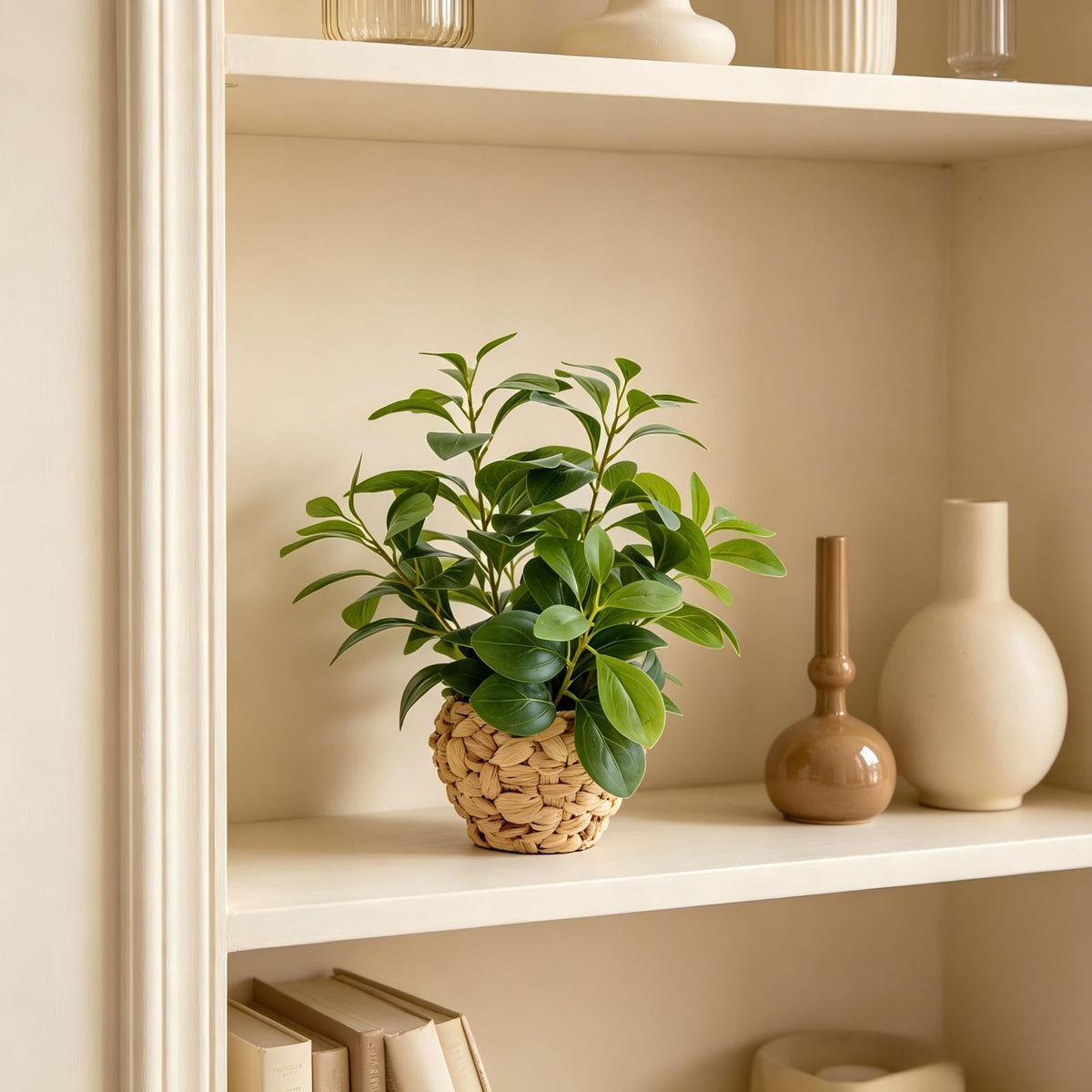 Fake Faux Potted Plant 15.7" Ficus Water Hyacinth Boho Decor (Green Ficus Plant 15.7" H)