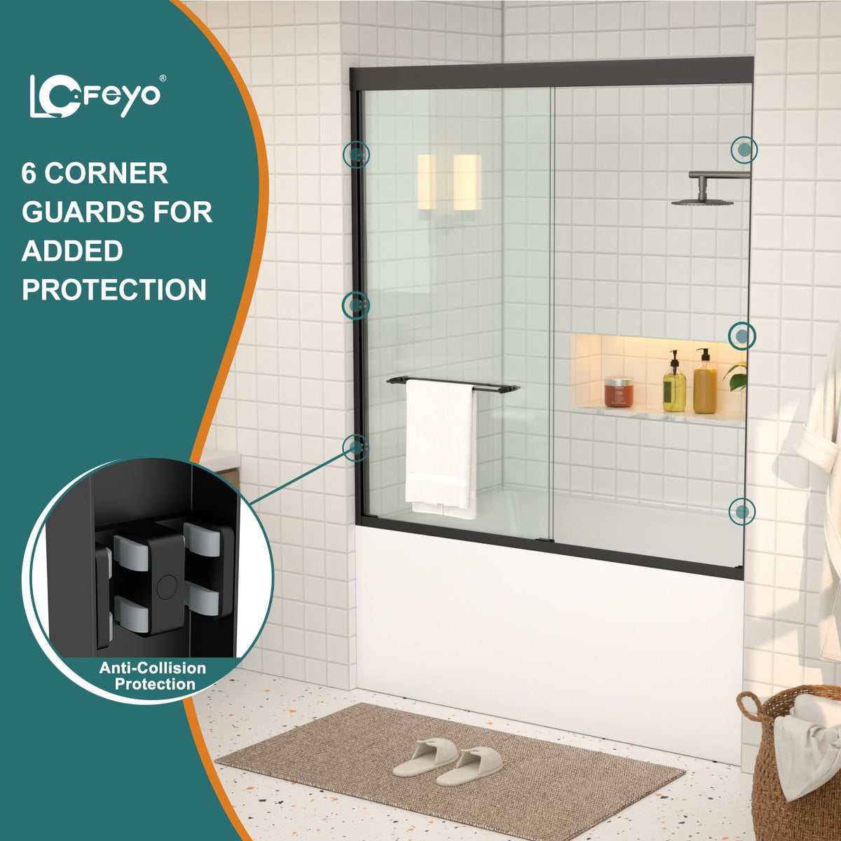 Double Sliding Glass Bathtub Shower Door 55 (Black / 60''x62'')