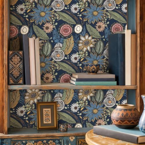 Vintage Dark Blue Boho Floral Peel and Stick Wallpaper 17.4"x393.5" (Blue with Pink / 17.4" x 393.5")