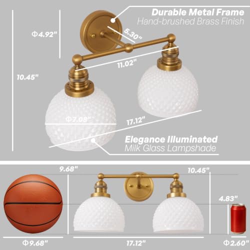 Vintage 2 Light Gold Bathroom Light Fixtures with Milk Glass (2-Brass)
