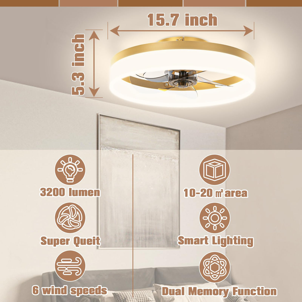Low Profile Ceiling Fans with Lights and Remote (Gold / 15.7 INCH)