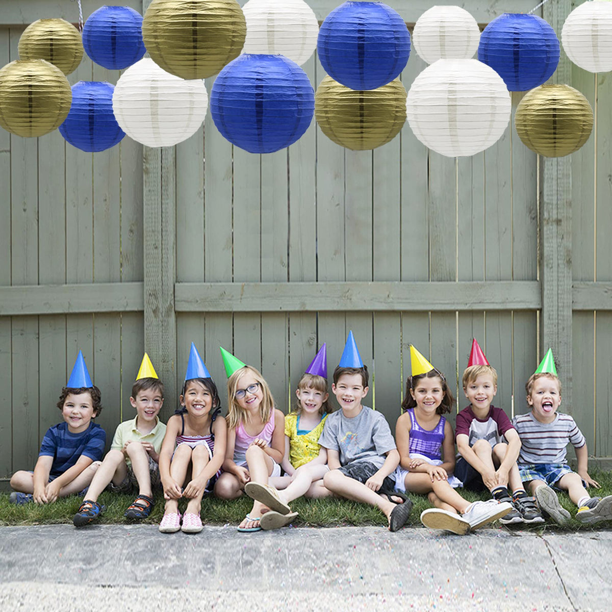 Paper Lanterns Party Decorations Navy Blue Gold (Blue-White-Gold)