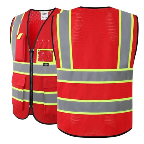 Safety Vest for Men Women Hi Vis Vest with Pockets and Zipper High Visibility Reflective Safety Vests Meet ANSI Standard Red Color Extended Yellow Strips (Red / X-Large)