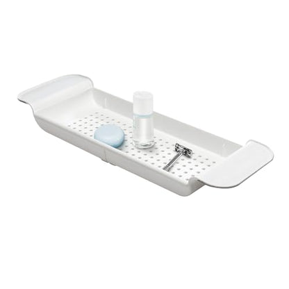 madesmart Expandable Bath Tray, White | adjustable tub fit, drainage holes, soft grip sides, soap razors toys, bathtub caddy, woman owned