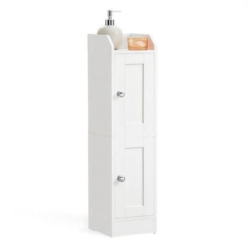 VASAGLE Storage Cabinet Slim with Reversible Doors, Farmhouse | Small Storage Corner Floor Cabinet, Narrow Orgnizer, Adjustable Shelves, Cloud White, Siren Collection, UBBK312WB01S