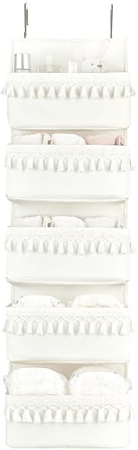 Dahey Over The Door Organizer 5 Pockets Hanging Behind Door Storage, White | Boho Cotton Tassels, Fits 1.77" Door, Space Saving & Big Capacity, Versatile Use, for Nursery Bathroom Bedroom Dorm Decor