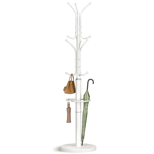 Yoobure Metal Coat Rack Freestanding with Marble Base, Coat Tree with 12 Hooks & Umbrella Holder, Coat Hanger Stand for Corner Entryway Bedroom Office, Heavy Duty Coat Rack Stand for Clothes Hats Bags