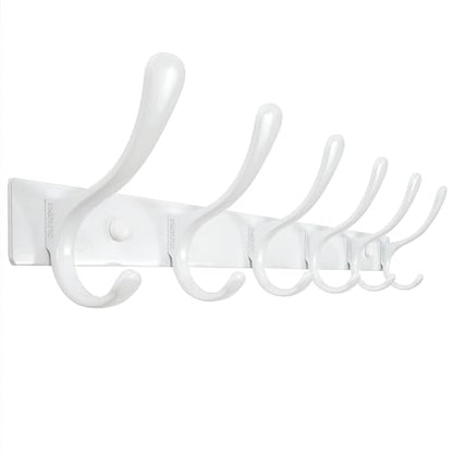 SKOLOO Heavy Duty Wall Mounted Coat Rack - 6 Hooks, Stainless Steel, Sturdy Coat Hooks for Hanging Clothes, Jacket, Hat, White