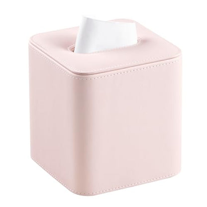 PU Leather Tissue Box Cover Square Tissue Box Holder, Pink | Magnetic Closure, Rounded Edges, Fits All Standard Cube Tissue Boxes, Decorative Tissue Holder for Living Room Bedroom Office