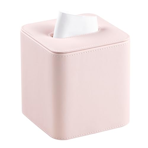 PU Leather Tissue Box Cover Square Tissue Box Holder, Pink | Magnetic Closure, Rounded Edges, Fits All Standard Cube Tissue Boxes, Decorative Tissue Holder for Living Room Bedroom Office