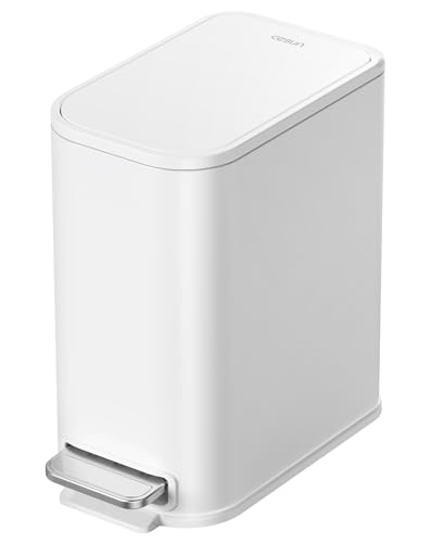 Cesun Small Bathroom Trash Can with Lid Soft Close & Pedal, 1.3 Gal, White | Removable Inner Bucket, Slim Stainless Steel Garbage Can for Bedroom/Office, Included 5 Trash Bags, Hidden Bag, Built to Last