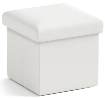 Ornavo Home Small Square Storage Ottoman, Foldable Linen, 12x12x12, White | Collapsible Cube Design; Foot Rest Stool Seat; Ideal for Living Room, Bedroom, Home Office or Dorm