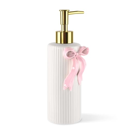 Handmade Ceramic Bow Soap Pump Dispenser Hand Lotion Liquid Dispenser Refillable for Kitchen and Bathroom Decorative (Ribbon Pink)