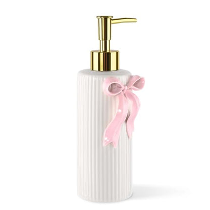 Handmade Ceramic Bow Soap Pump Dispenser Hand Lotion Liquid Dispenser Refillable for Kitchen and Bathroom Decorative (Ribbon Pink)