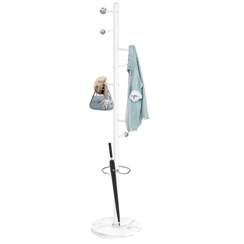 ZOZOE Metal Coat Rack Stand, Modern Coat Rack Freestanding with Natural Marble Base, Sturdy Industrial Coat Racks with 8 Hooks & Umbrella Holder,White Coat Tree Hanger Stand for Entryway,Office