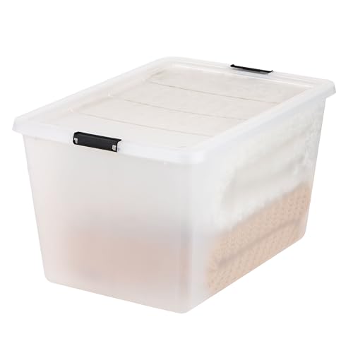 IRIS USA 4-Pack 55 Quart Clip Box with Latching Lid | Latching lid secures office and household supplies. Stackable, nestable design maximizes storage space