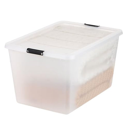 IRIS USA 4-Pack 55 Quart Clip Box with Latching Lid | Latching lid secures office and household supplies. Stackable, nestable design maximizes storage space