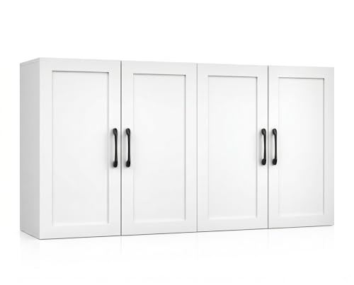 Wall Cabinet with Adjustable Shelves, Laundry Room Cabinet with 4 Doors, Kitchen Storage Cupboard Cabinet, Wall Mount Medicine Cabinet for Bathroom, Living Room, White