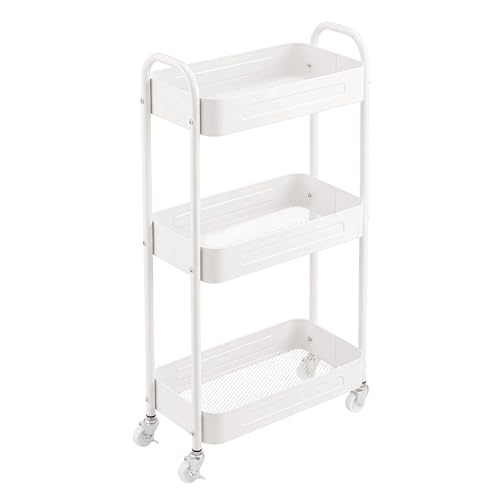 3 Tier Narrow Rolling Storage Cart for Laundry Room Bathroom Kitchen, 7.1'' Slim Utility Cart with Wheels and Lockable Casters Standing Shelf for Small Space & Between Washer and Dryer, White