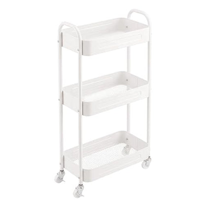 3 Tier Narrow Rolling Storage Cart for Laundry Room Bathroom Kitchen, 7.1'' Slim Utility Cart with Wheels and Lockable Casters Standing Shelf for Small Space & Between Washer and Dryer, White