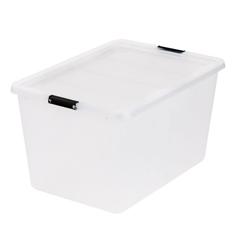 IRIS USA 4-Pack 55 Quart Clip Box with Latching Lid | Latching lid secures office and household supplies. Stackable, nestable design maximizes storage space